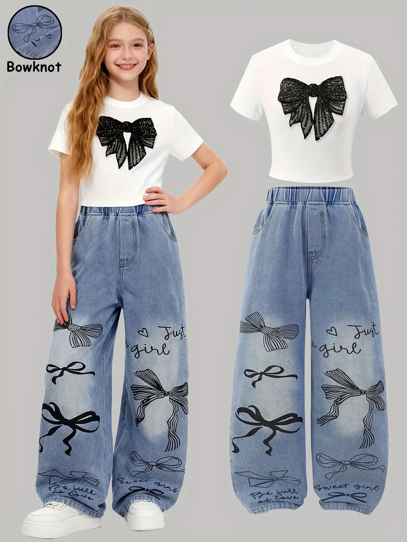 Trendy Girls 2Pcs Co-Ord, White Sequin Bow Short Sleeve Top & Bow Print Denim Wide Leg Pants for Daily Streetwear