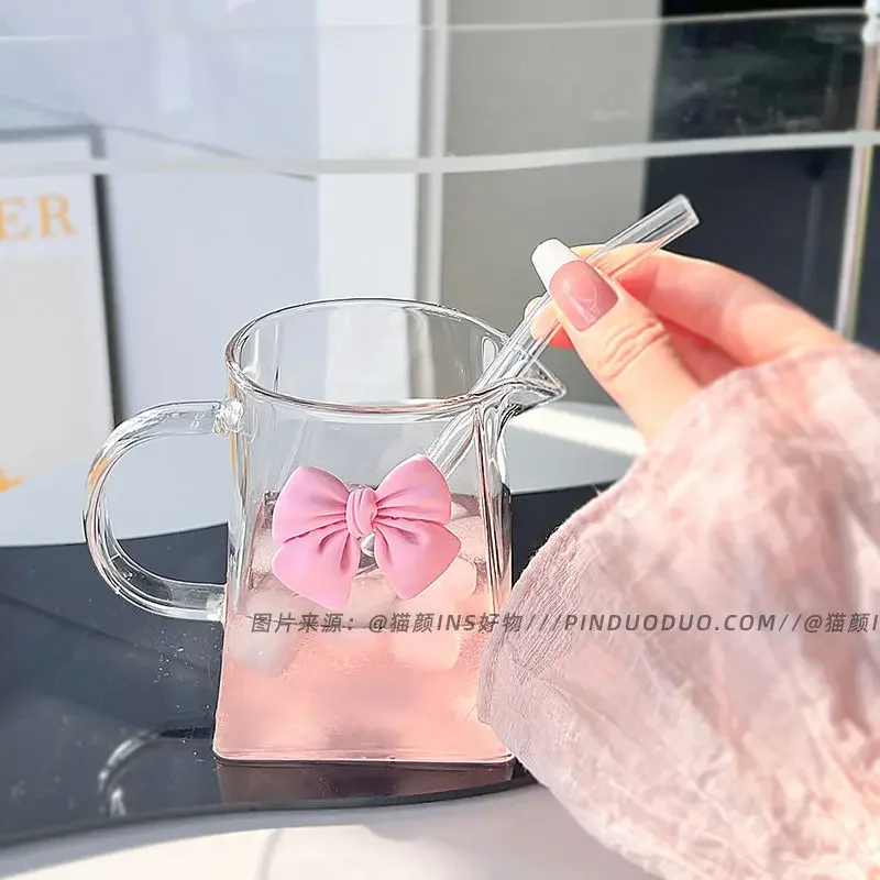 Handle Bow Mug Glass Cup Juice Coffee Cups with Straw High-value Water Household Milk Glassware Halloween Christmas Gifts