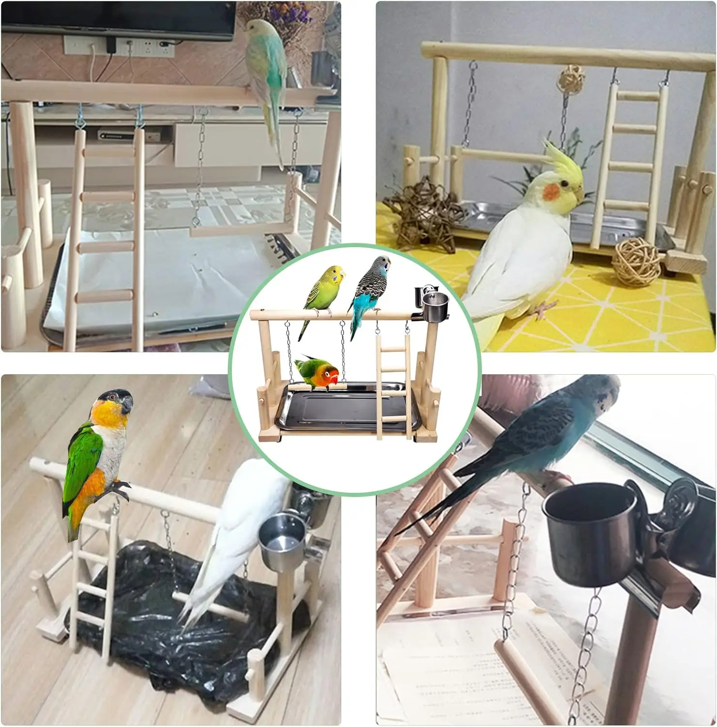 Solid Wood Parrot Stand Bird Swinging Suspension Bridge Feeding Cups Swing Climbing Ladder Parrot Playstand Parrot Supplies