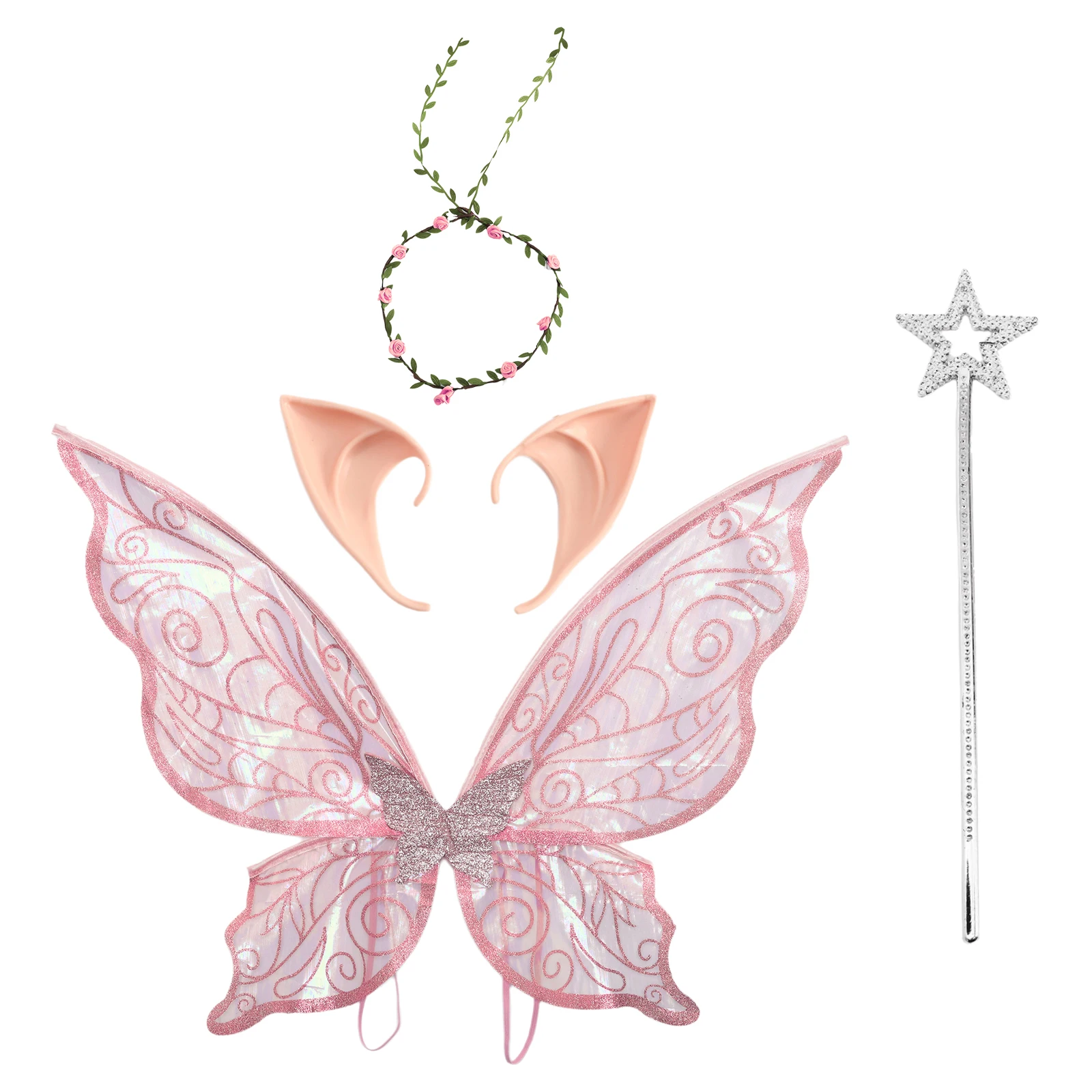 Sparkle Princess Angel Wing Halloween Cosplay Butterfly Fairy Wings with Elf Ears Fairy Stick Garland Headband Wings Decor Gifts