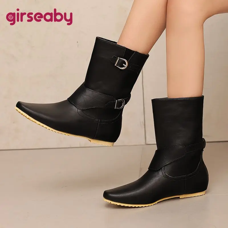 

Girseaby Retro Shiny Female Knee High Boots Round Toe 4.8cm Thick Heels Platform Zipper Lace Up Extended Size 42 43 US11