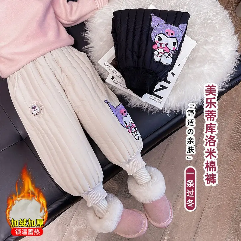 Sanrio Girl Cotton Pants Winter Velvet Thicken Child Keep Warm Pants Kuromi My Melody Cartoon Fashion Kawaii New Casual Pants