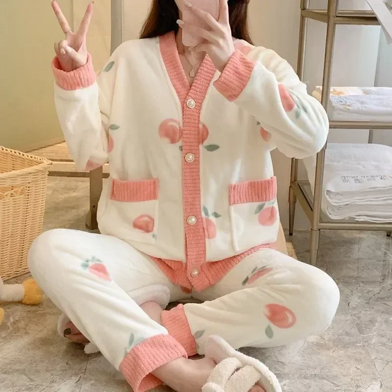 Флисовые домашние брюки, пижамы, ночной комплект, костюм, одежда для сна, модная женская одежда 2023, карманная пижама с v-образным вырезом, пушистая теплая зимняя клетчатая 2