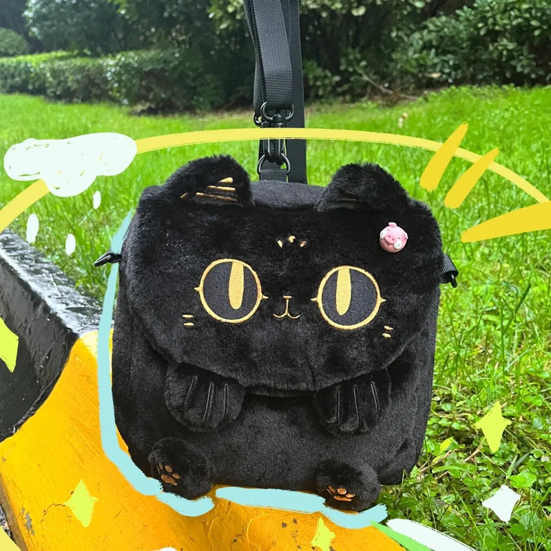 Women Cute cartoon plush little black cat backpack 2024 new student shoulder bag multi-functional crossbody bag