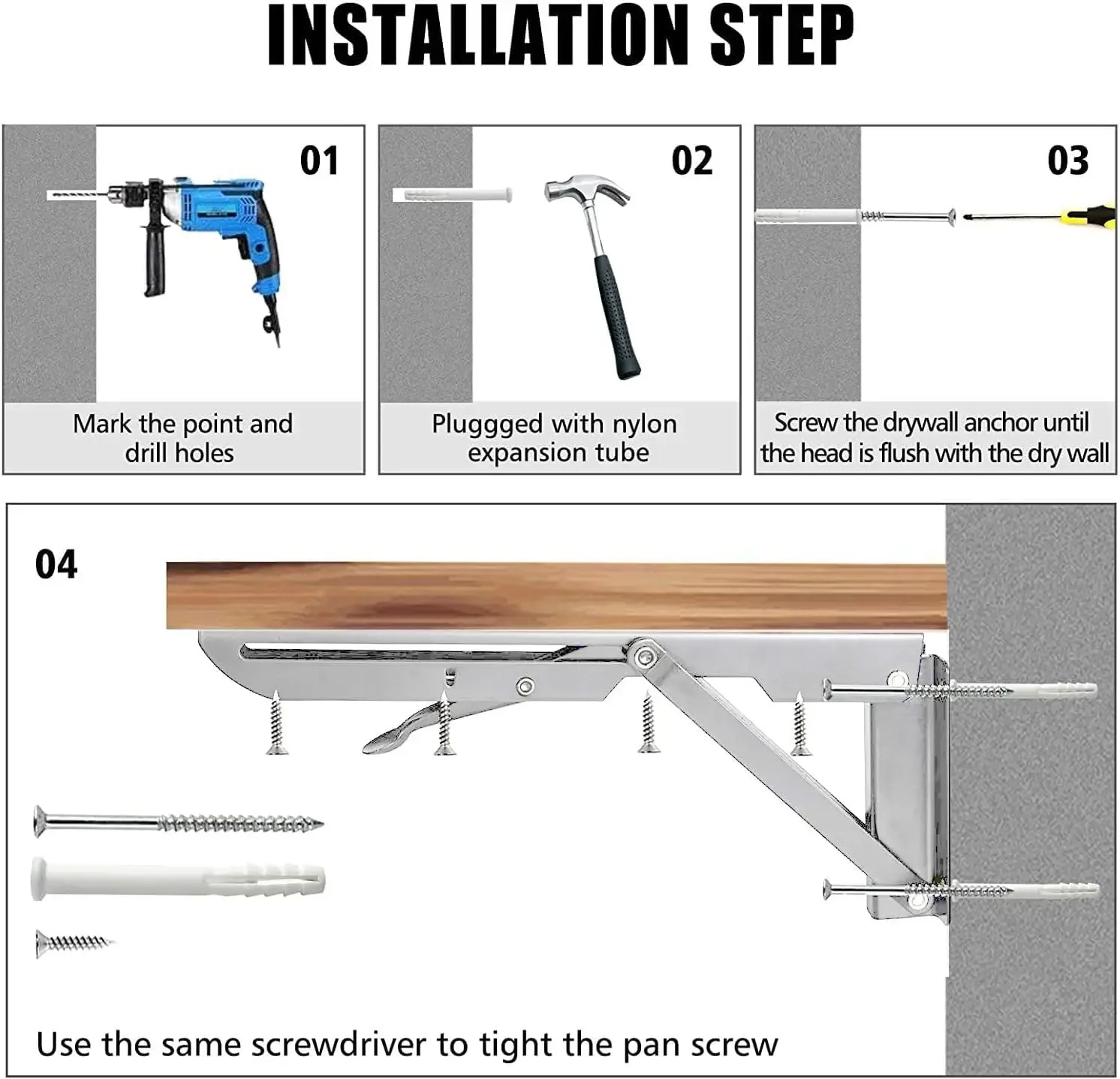 1pc Folding Shelf Brackets Heavy Duty Stainless Steel DIY Wall Mounted Collapsible Furniture Space Saving for Garage Workstation