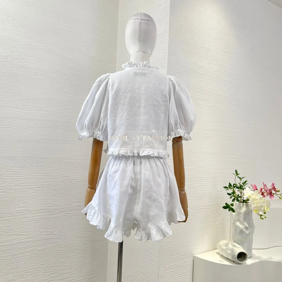 2025 White Short Sleeve Ruffles Short Blouse Tops Sets