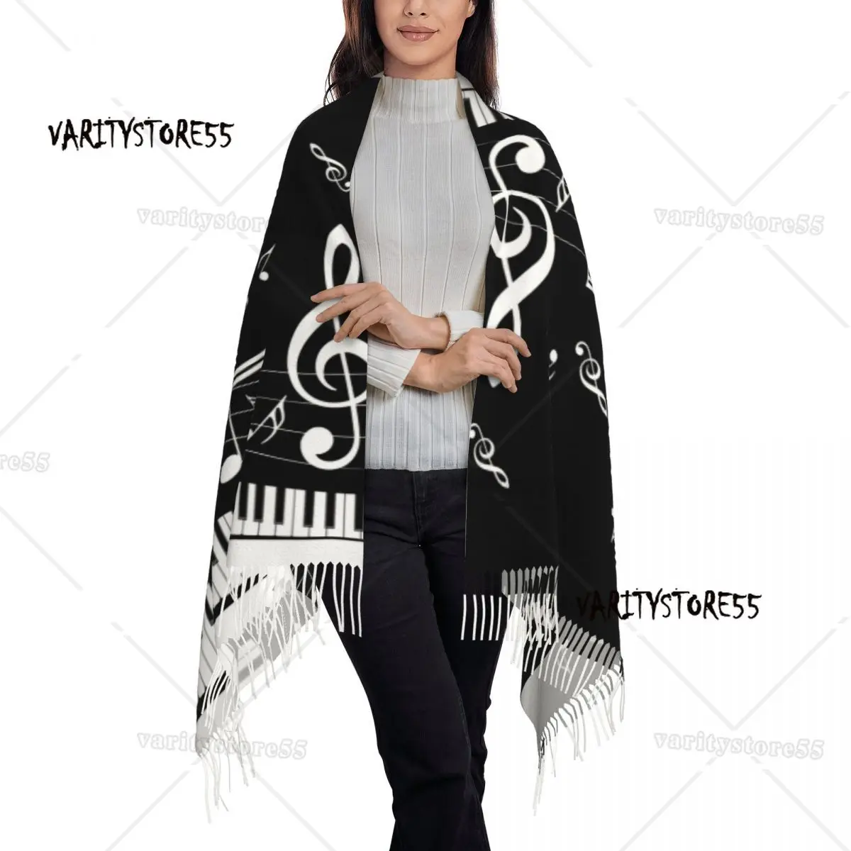 Abstract Piano Keys With Musical Notes Women\'s Tassel Shawl Scarf Fashion Scarf