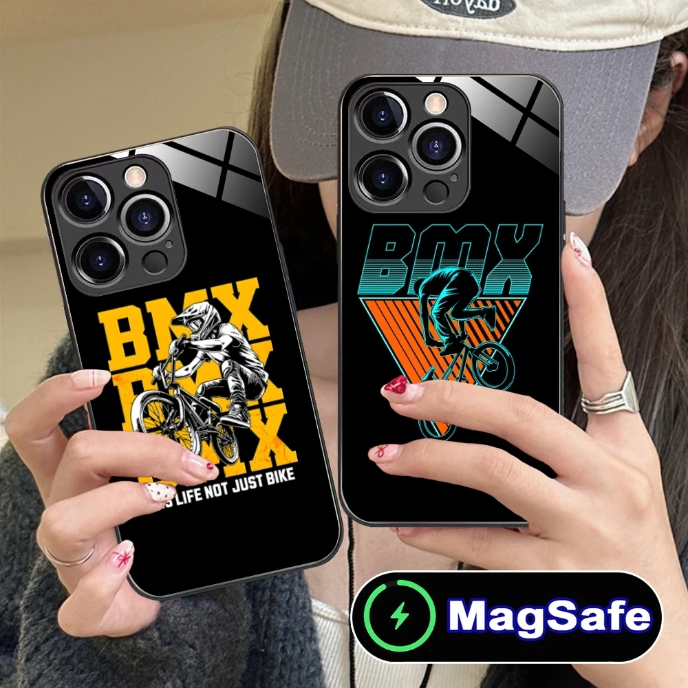 Funda de teléfono móvil con pintura de bicicleta de montaña BMX, cubierta de vidrio de carga inalámbrica MagSafe para iPhone 16, 15, 14, 13, 12, 11 Pro Max Plus Mini