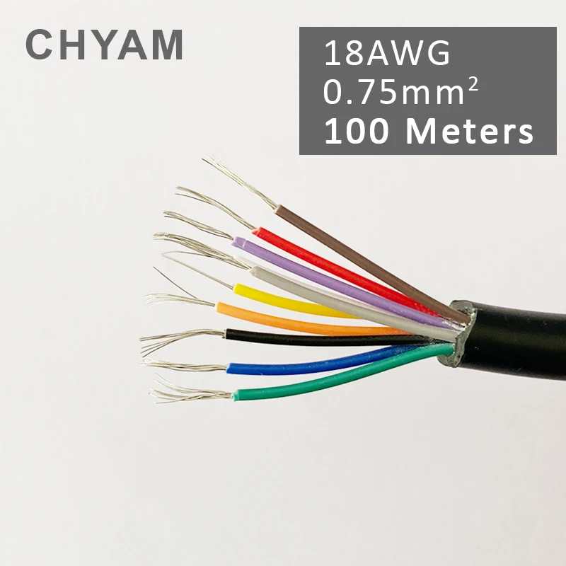 100 Meters 18AWG 0.75mm2 Ten Pins 10 Core Black Cable Insulated Copper Wiring Control Signal Wire Multi-core Shielded RVV