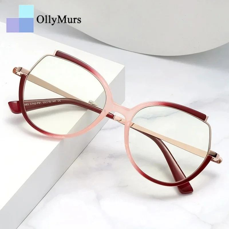 

OLLYMURS Fashionable And Trendy High-End Anti Blue Light Cat Eye Alloy Women's Eyeglass Frame Optical Prescription Glasses TJ883