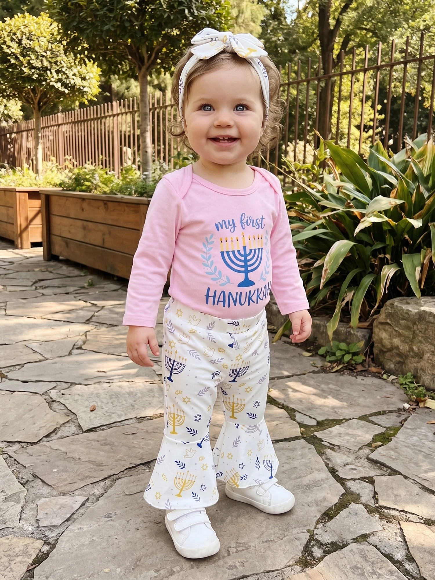 Hanukkah Outfit Hanukkah Outfit Letter Candle Pants Letter Candle Print Letter Candle Print Romper Flare Baby Professional