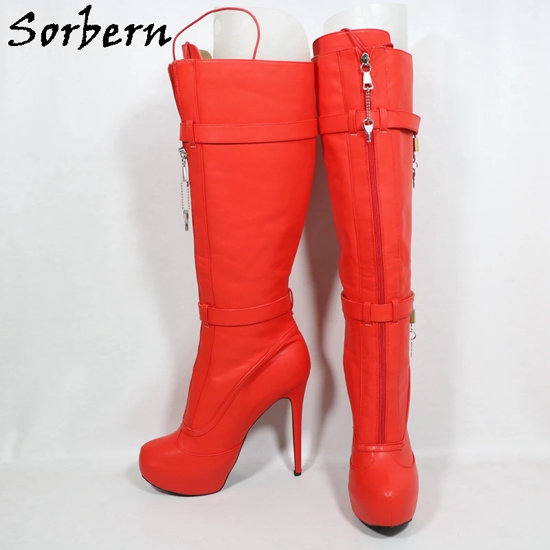 Sorbern Fresh Red Matte Knee High Boots Women With Locks Invisible Platform High Heels Stilettos Unisex Style Female Shoes