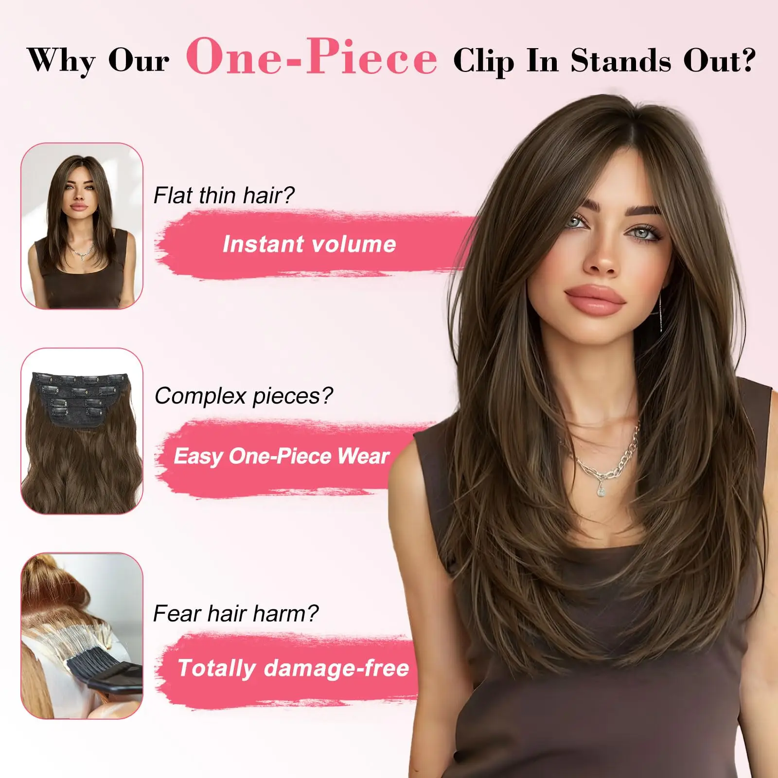 Black Clip in Hair Extensions for Women Long Straight Layered Synthetic Hair with 5 Clip One-Piece Design, Soft & Face Framing 2