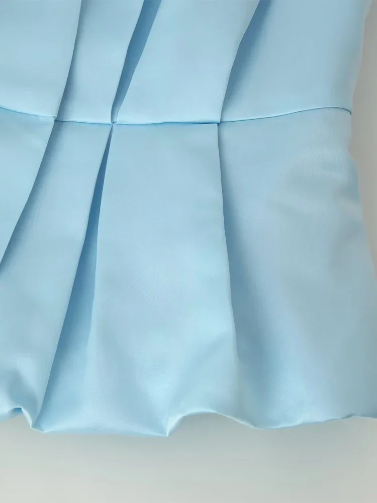 2026 New Light Blue Satin Two-piece Set V-neck Peplum Top & High Waist Slit Midi Skirt Suit 2026 Elegant Office Lady Outfits