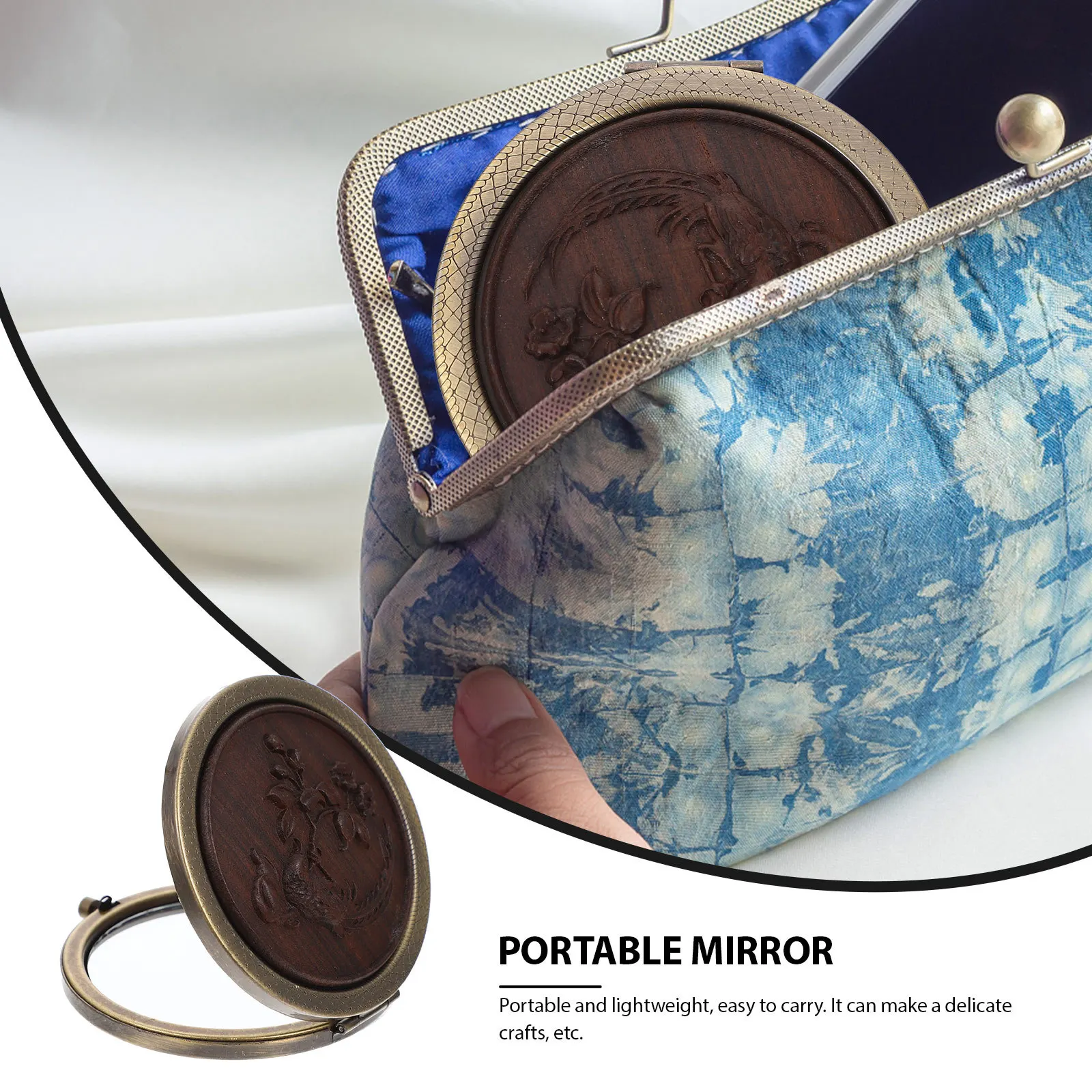 مرآة مكياج خشبية صغيرة قابلة للطي، مرآة جيب محمولة على الوجهين للسفر في الهواء الطلق، مرايا خشبية معدنية للمكياج #6