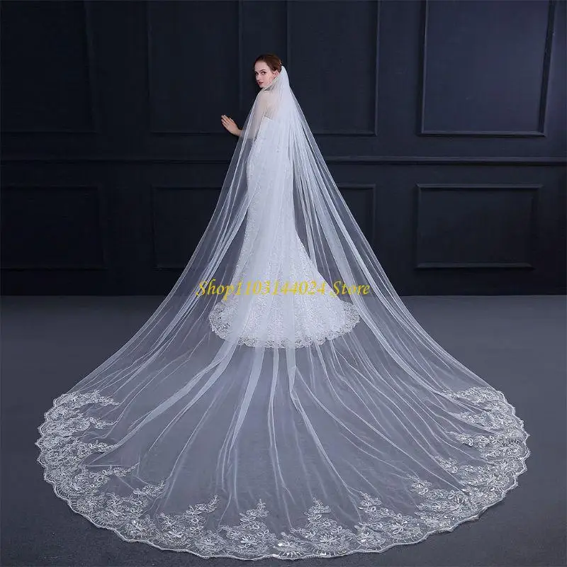 N5KE 4M One-Layer Women Trailing Cathedral Long Wedding Veil Embroidered Floral Lace