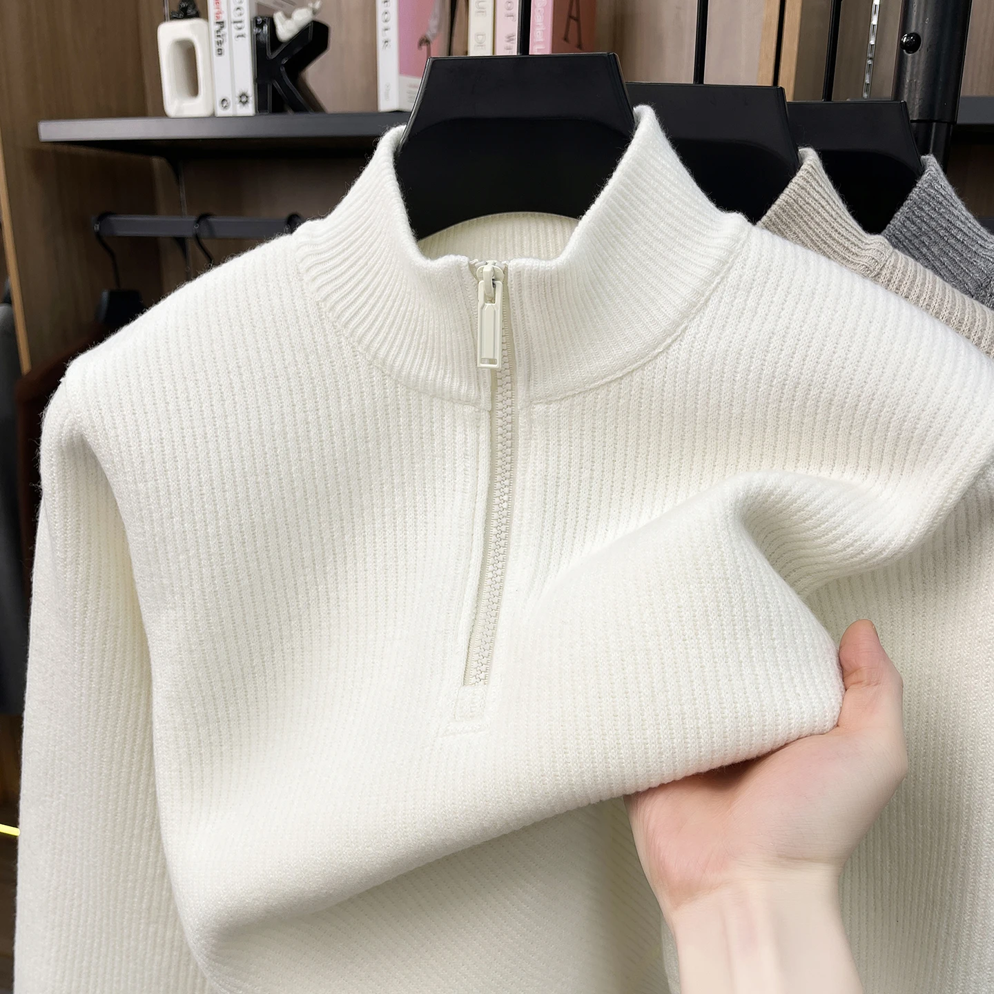 High Quality plush thicken warm sweater men's winter comfort knitted fashion new solid color half zipper stand collar pullover