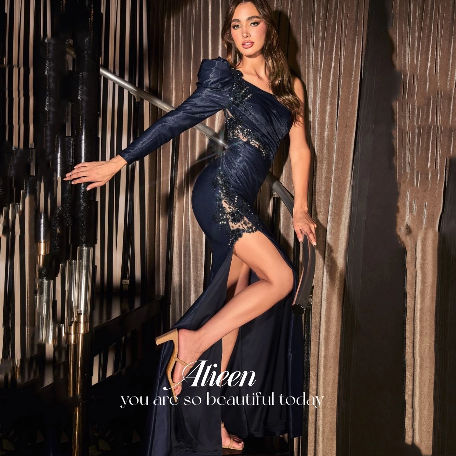 

Aileen One Shoulder Sleeve Elegant Party Dresses for Women Luxury Evening Dresses 2024 Navy Blue Slit Grace Sexy Women's Dress