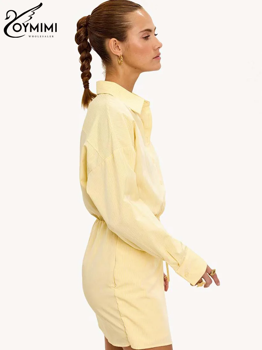 Oymimi Fashion Yellow Women 2 Piece Set Outfit Elegant Long Sleeve Button Shirts And High Waist Lace-Up Slim Mini Skirts Sets