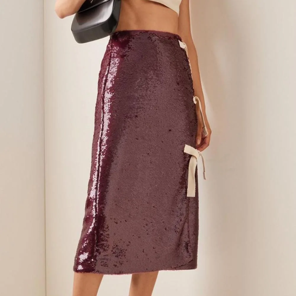 Dark Red Sequins Sparkly Midi Skirt Tea Length Straight Woman Clothes High-waisted Skirt With Bow Custom Made Women Clothing