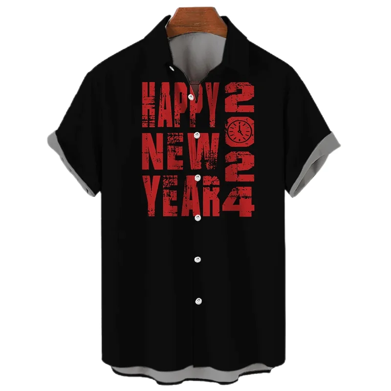 Happy New Year 3D Printed Shirts For Men Clothes Funny Fireworks Drink Design Graphic Blouses Casual Boy Short Sleeve Button Top