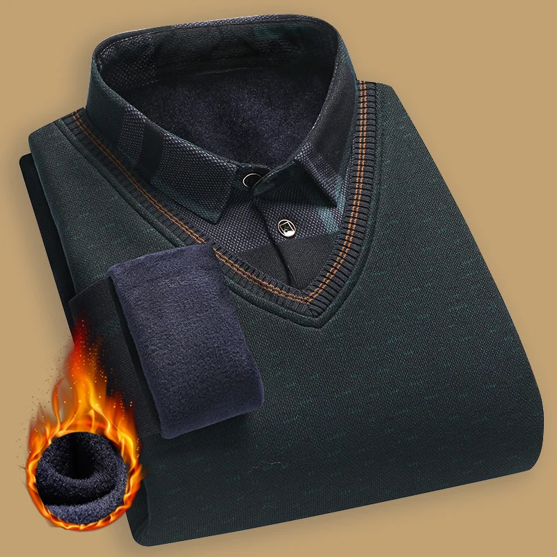 New Autumn Winter Sweaters Men\'s Velvet Pullover Knitted Bottom Shirts Men\'s Polo Pullover Wine Red Fleeced Knitwear