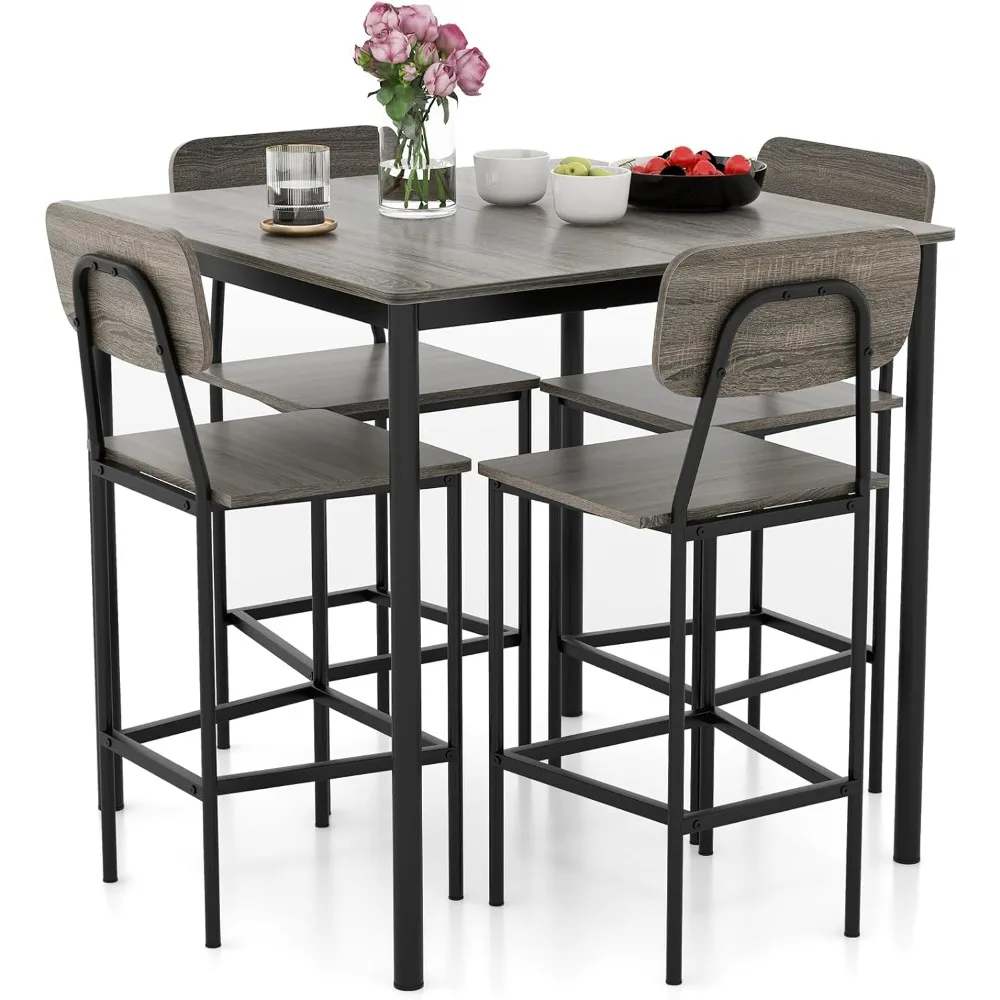 5-Piece Dining Table Set W/Counter Height Table & 4 Bar Stools, Modern Kitchen Dining Set W/Footrest & Backrest, Space-Saving