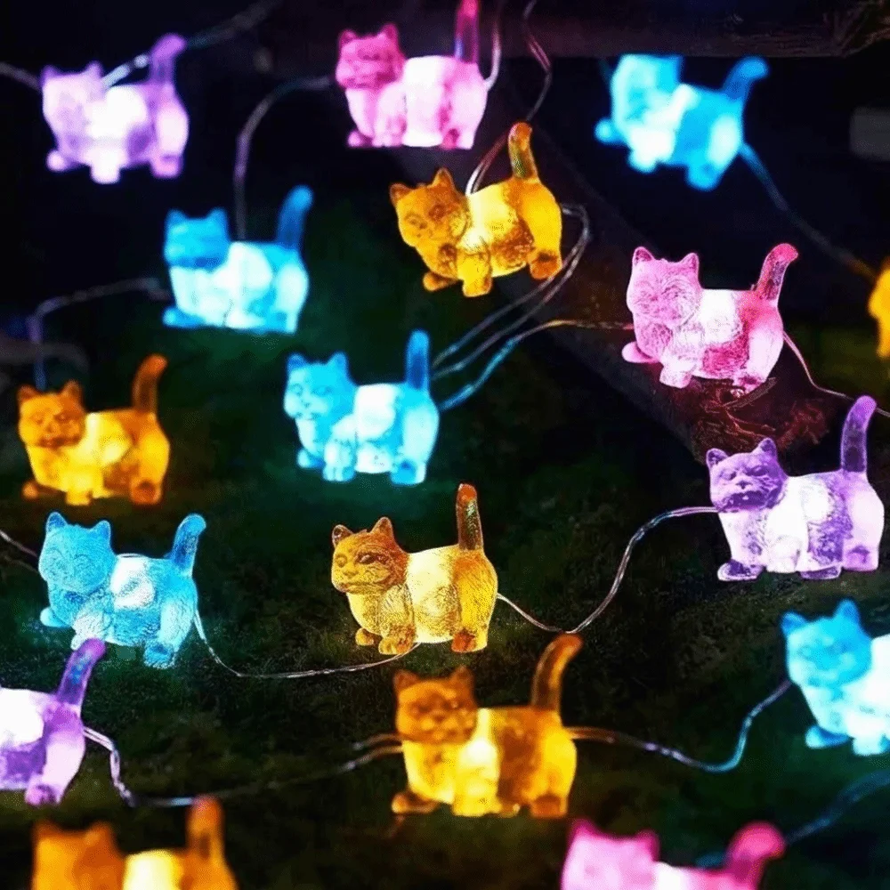 10/20pcs Lights Cat Shaped String Lights Cute Battery Operated Christmas Tree Decorative Lights Cartoon Kitten Decorative Light