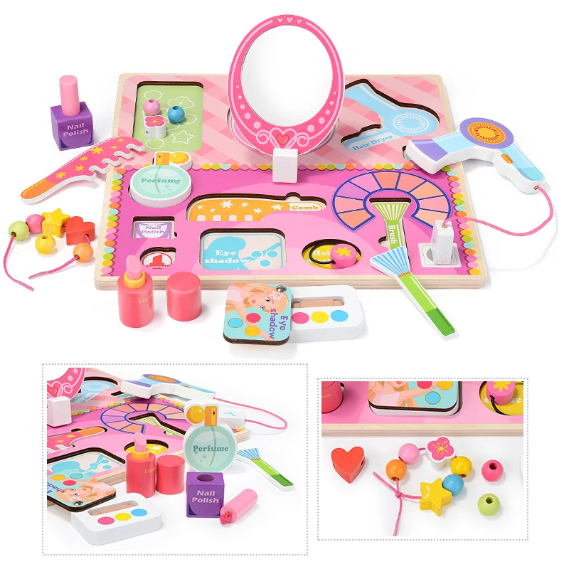 Kidus Wooden Cosmetic Toy Set  for Toddlers Beauty Salon Set with Makeup, Brush, Mirror