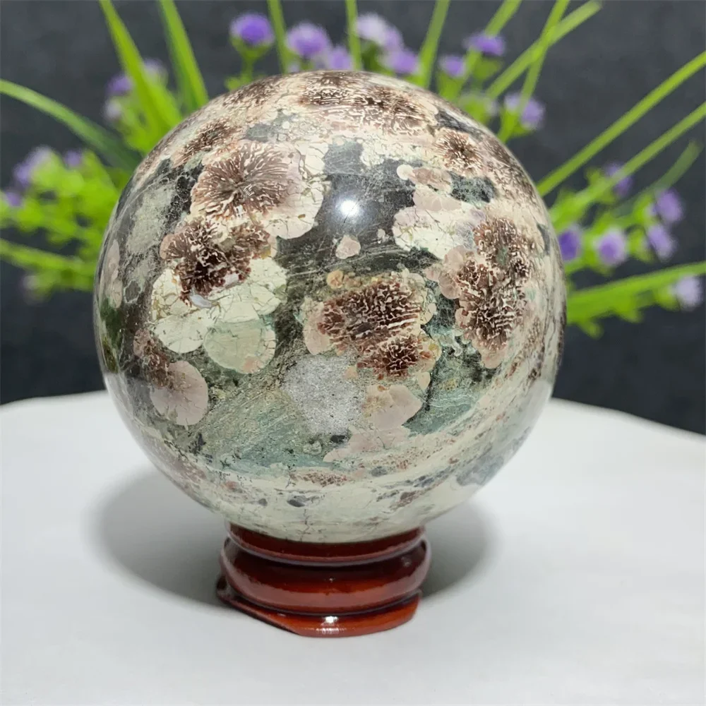 Natural Green Cherry Blossom Agate Crystal Ball Original Mineral Specimen Spiritual Meditation Treatment Stone Yoga Exercise