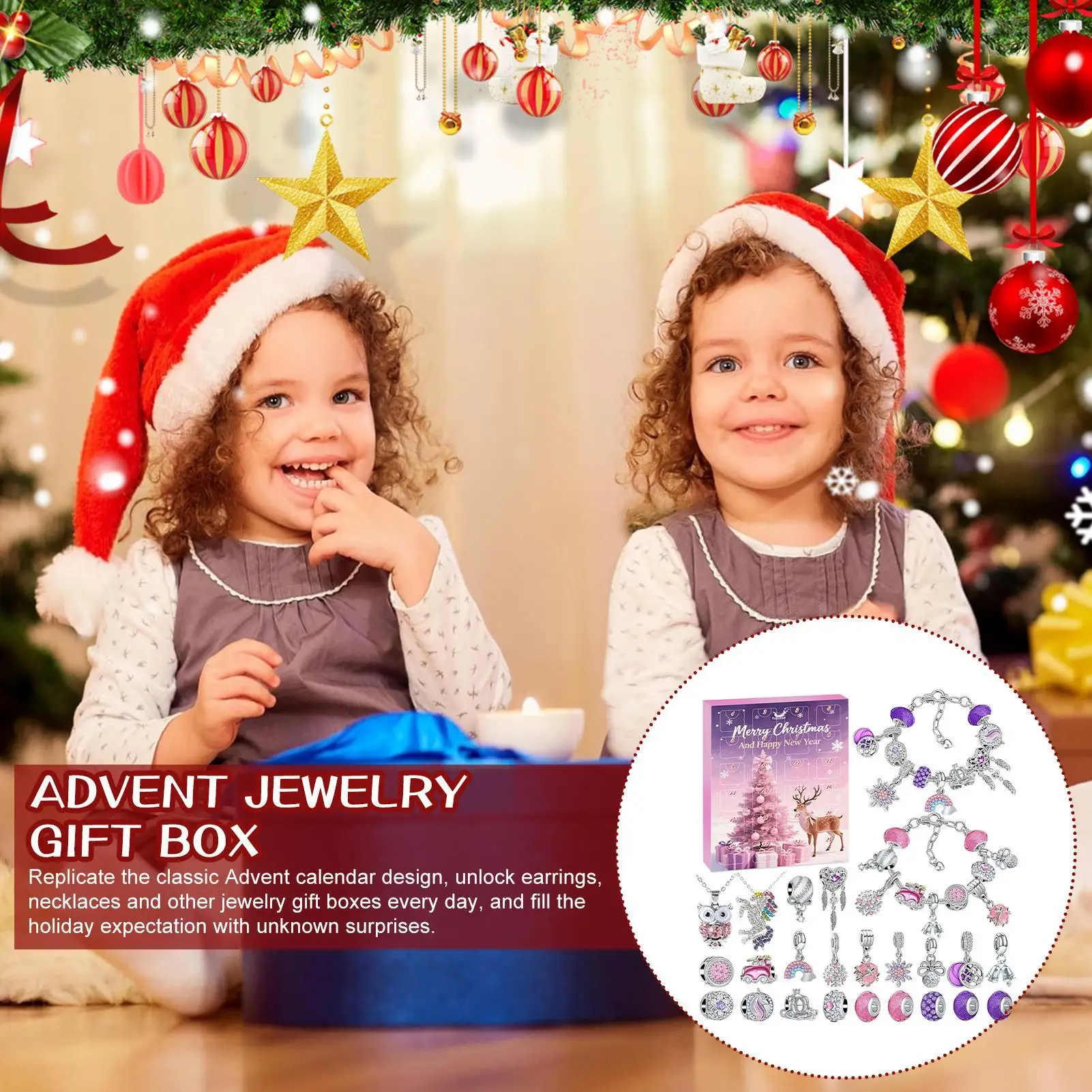 2025 Caja de regalo de joyería navideña Conjunto de pulsera y pendientes para niñas de 24 días Calendario de Adviento de Navidad para adolescentes Adultos Familia
