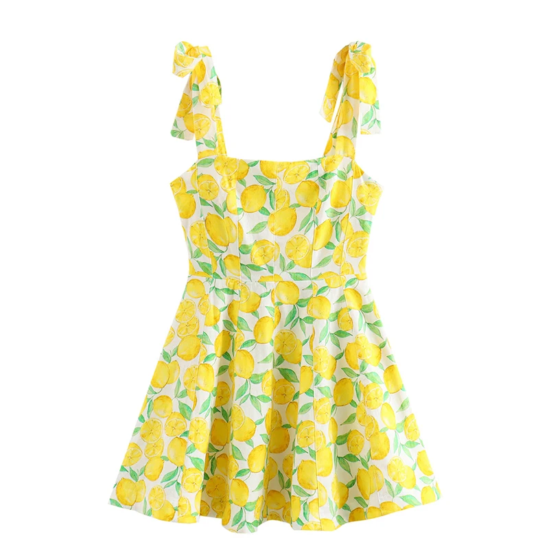 YENKYE Summer Women Sexy Sleeveless Lemon Print A-line Mini Sundress Holiday Vestidos