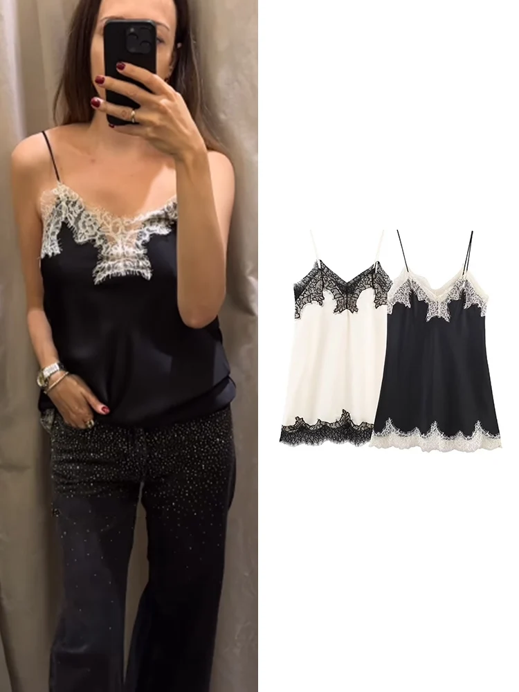 Sexy frauen Spitze Patchwork Sling Tops Chic Kontrast Farbe Ärmellose Backless V-ausschnitt Leibchen Weste 2026 Neue Damen Elegante Tops