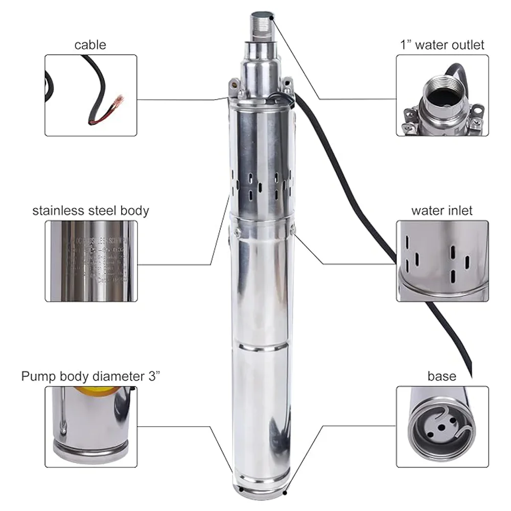 High Head Lift 140M 750W Solar PV Stainless Steel Drilling Submersible pump Max Flow 2000L Per Hour 1HP Solar DC Water Pump
