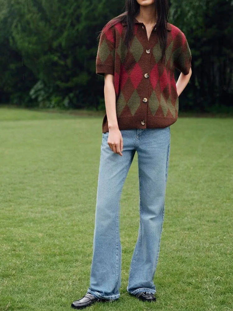 

Европейский и американский стиль, осенняя новая модная повседневная женская одежда, трикотажная рубашка-поло с короткими рукавами и ромбовидным узором, куртка