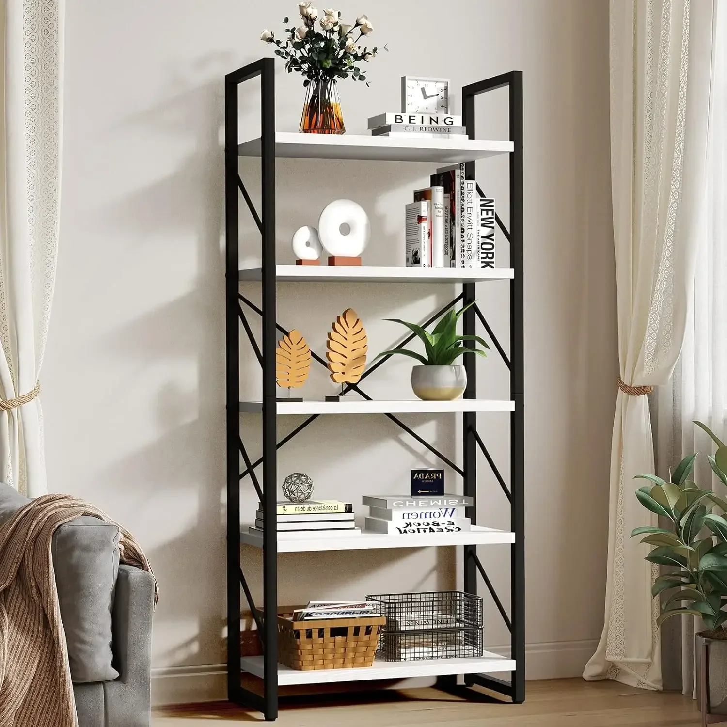 

5 Tiers Bookshelf, Classically Modern White Bookshelf, Book Rack, Storage Rack Shelves in Living Room/Home/Office, Books Holder