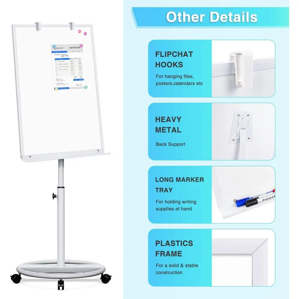 لوح مسح جاف مغناطيسي محمول - حامل سبورة بيضاء متنقل 36 × 24 مع خطافات مخططة للفصل الدراسي والمكتب والمنزل (فضي) #4