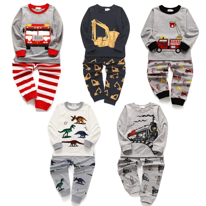 Little Hand Kids Boys Cotton Pajama Toddler Fire Truck Dinosaur Long Sleeve Loungewear Night Suit Fall WinterWarm PjsSet for 2-7