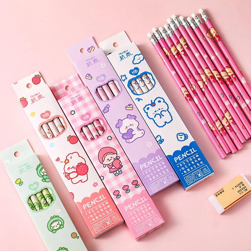 10PCS Graphite Pencil Korean Style Kawaii Pencil With Eraser Student Stationery For Children School Writing Drawing Art Supplies