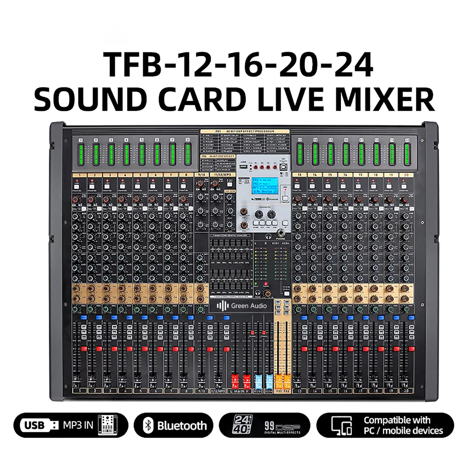 GAX-TFB24 24-Kanal-Bühnen-DJ-Audiomischer mit Soundkarte, AUX-Audiomischer mit vier Gruppenausgängen