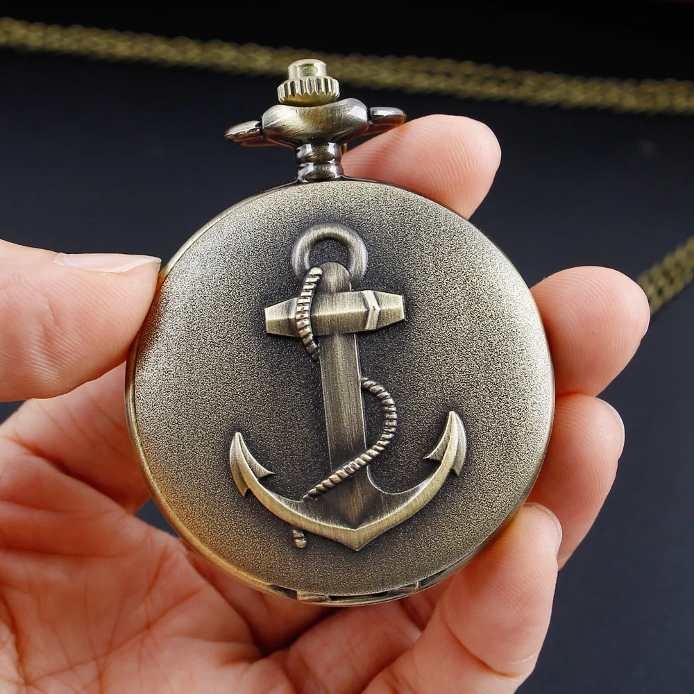 New vintage bronze boat anchor relief quartz necklace pocket watch for men and women as collectibles relogio masculino