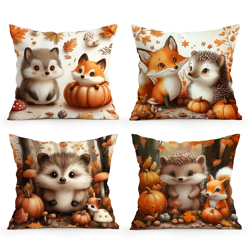 Home Decor Cute Hedgehogs & Foxes Autumn Scene Pillow Covers Pattern Cushion Cover Suitable for Sofa Bedroom Car Pillow Cover