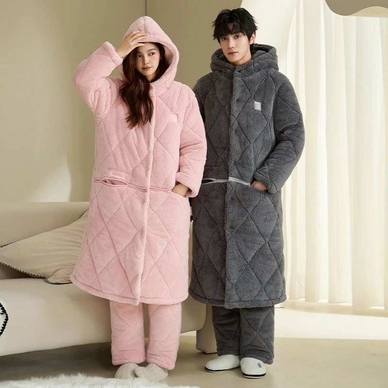 

Высококачественный зимний халат с капюшоном для пар + брюки, толстые теплые 3-слойные хлопковые пижамы с зажимом, повседневная мягкая женская и мужская домашняя одежда