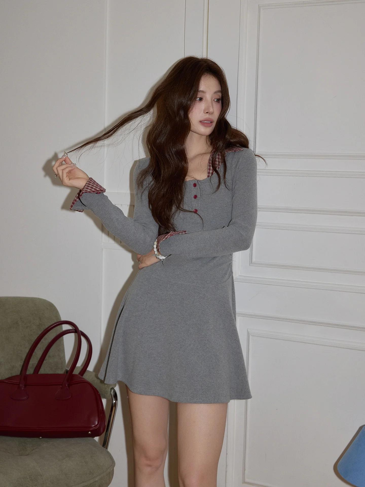 Gray Collar Plaid Dress Women's Casual Slim Fit Long Sleeve A-Line Short Skirt Autumn Winter Fashion City Commute Dress