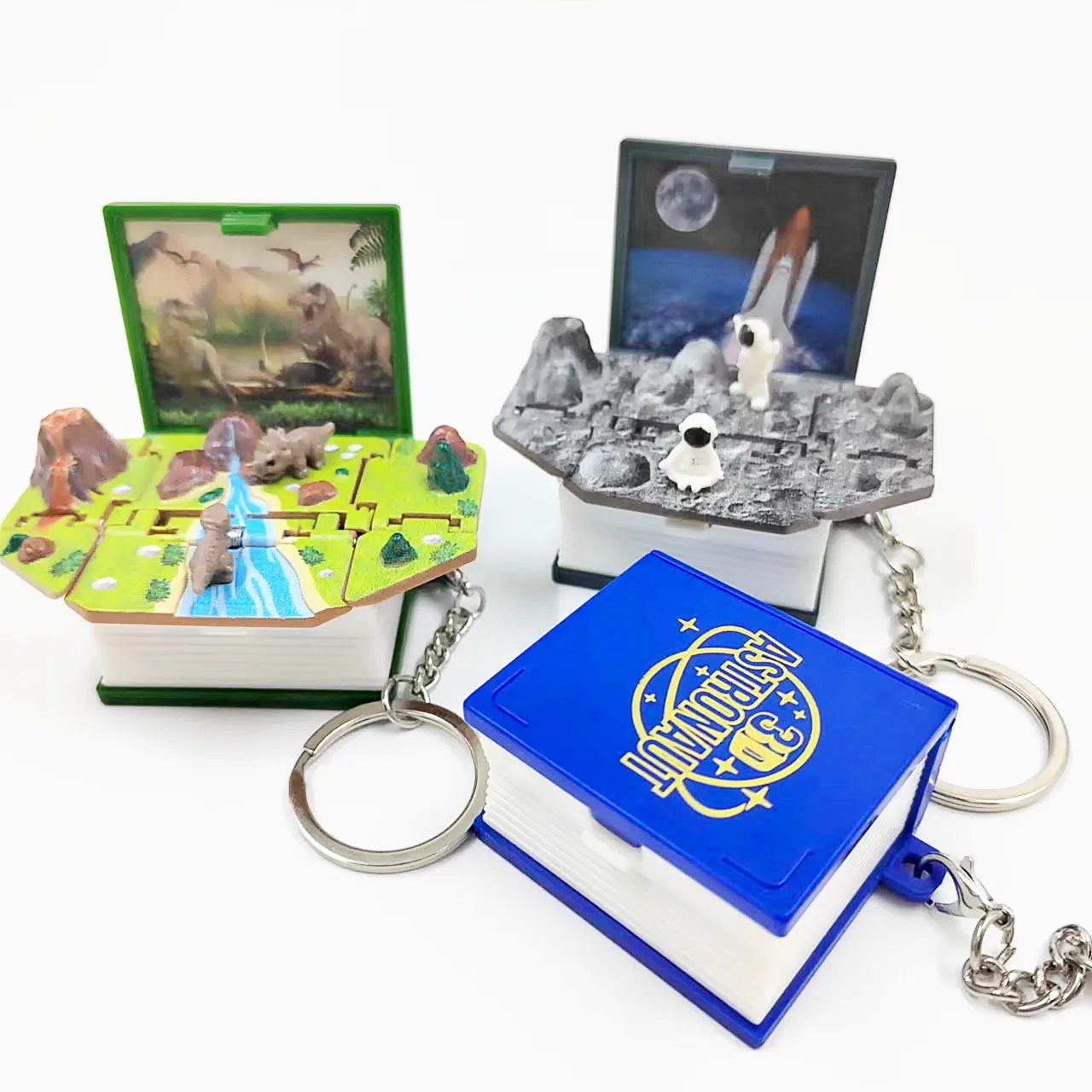 3D Mini Dinosaurs Space Keychains Fold Book Popup Dinosaur Astronaut World Keyring for Kid Children Toy Dinosaur Party Gift