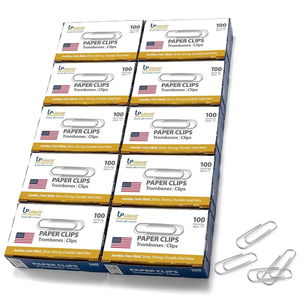 

Улучшенные канцелярские зажимы для бумаги Jumbo, нескользящие, 1,9 дюйма, 1000 штук (10 коробок по 100 шт.), серебристые, сделано в США