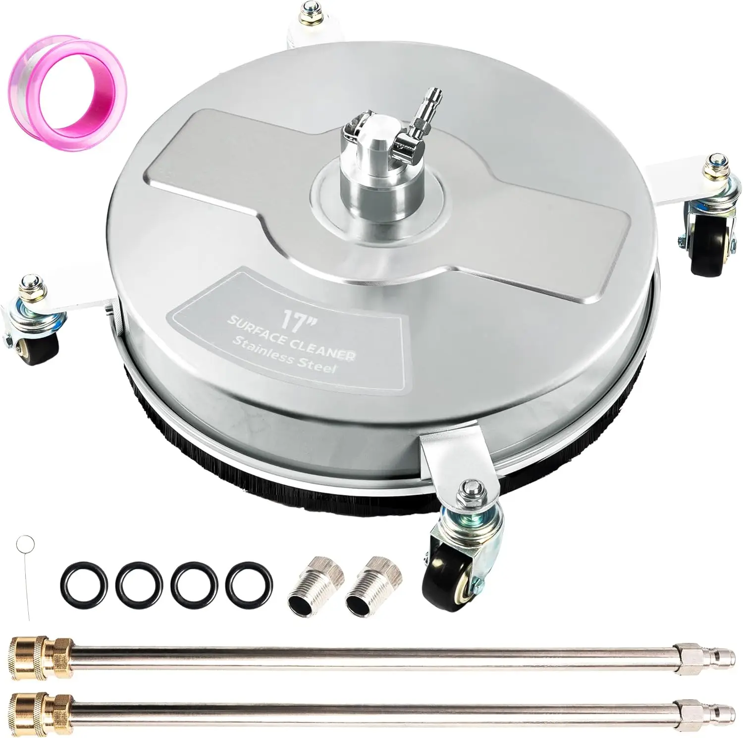 

17" Pressure Washer Surface Cleaner with 4 Wheels, Stainless Steel, 4000 PSI, 1/4" Quick Connector, 2 Extension Wand