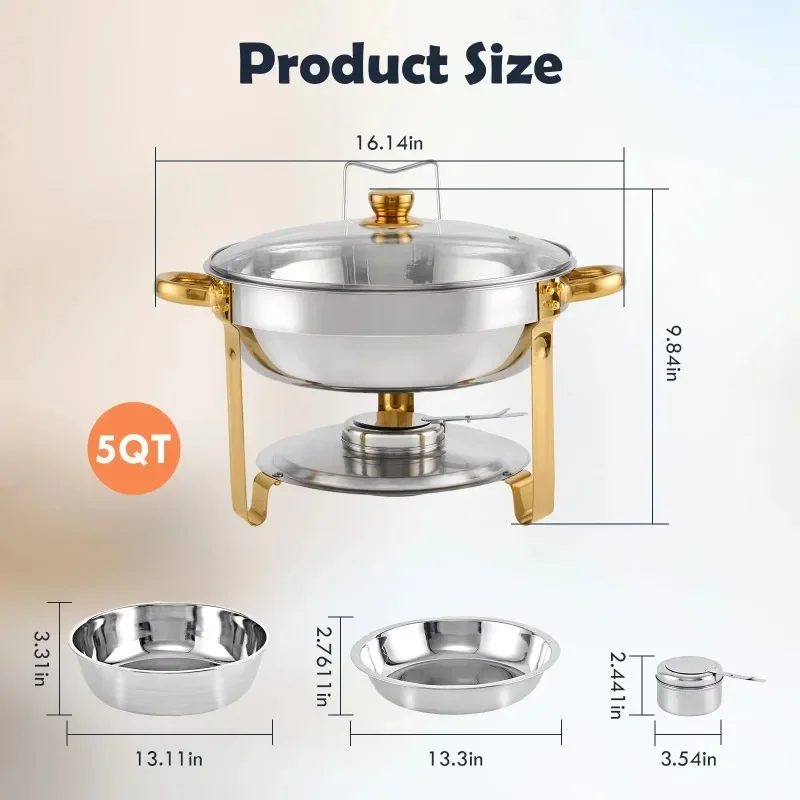 Gold Chafing Dish Buffet Set Stainless Steel Round Chafers with Glass Viewing Lid & Lid Holder, Buffet Servers and Warmers Set