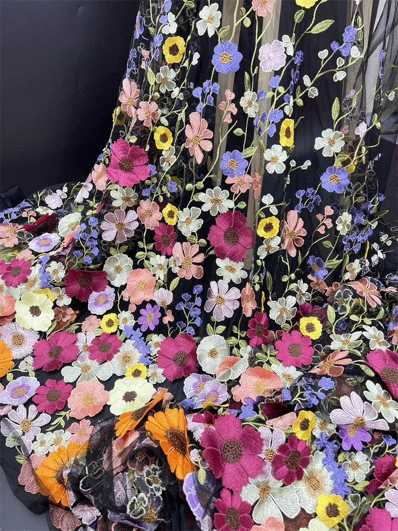 5 ياردة زهور ثلاثية الأبعاد في الأرجواني أقمشة الدانتيل الفرنسي شمسيّة دانتيل عالية الجودة صافي نسيج الدانتيل الأفريقي مع الخرز أقمشة الدانتيل حفل زفاف