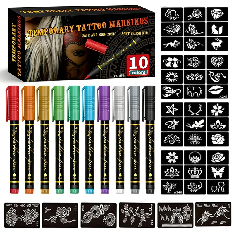 Temporary Tattoo Pens 10 Colors with 8 Stencils Quick Dry Easy Clean Metallic Pearl Long Lasting for Party Festival Body Art